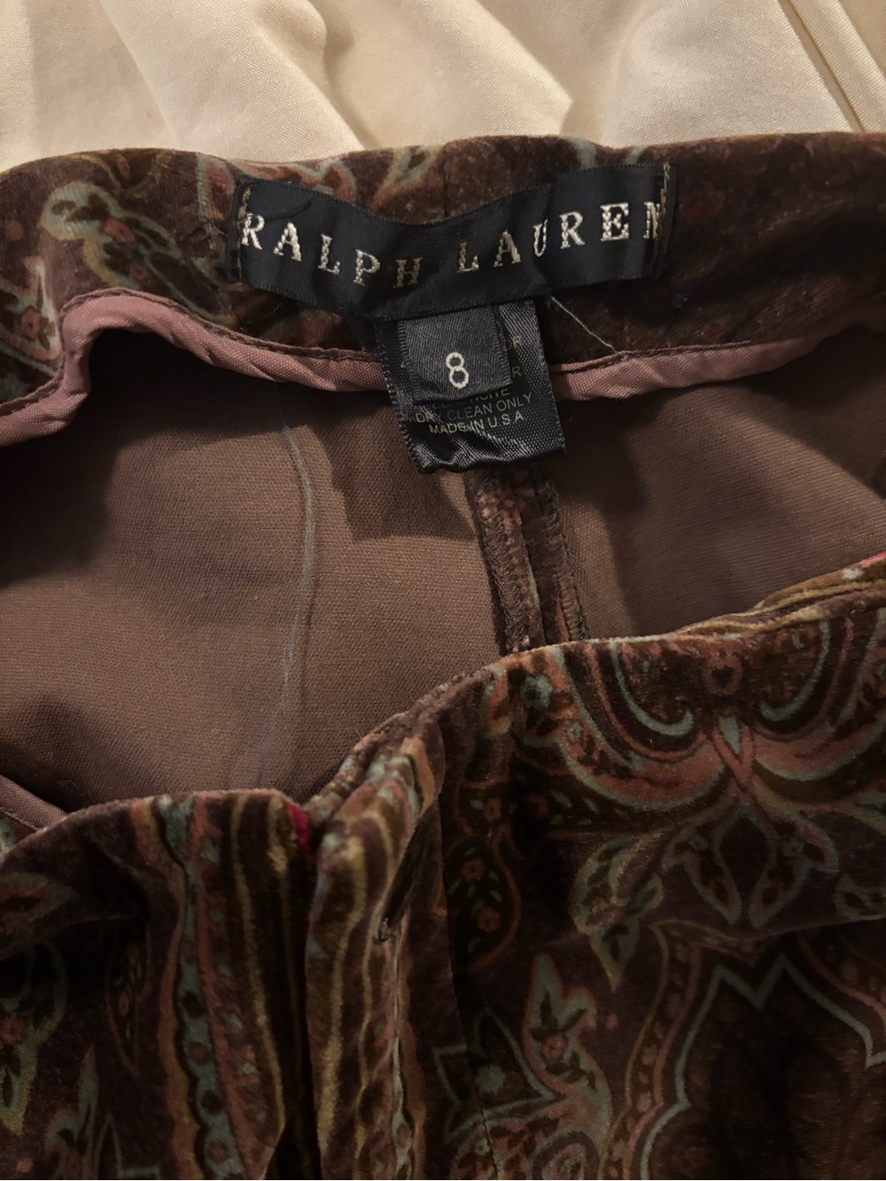 VTG Ralph Lauren Pants Womens Sz 8 Brown Paisley Velvet Straight Leg  boho 70’s - Picture 6 of 6
